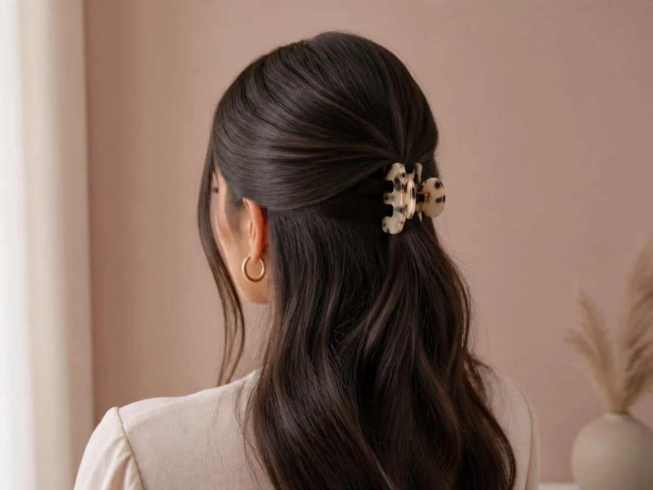 A sleek half-up with a claw clip