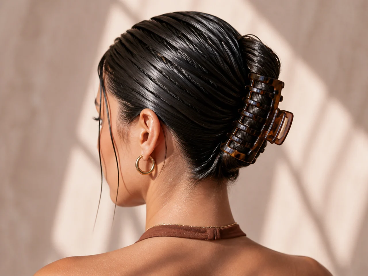A wet-look sleek clipped style