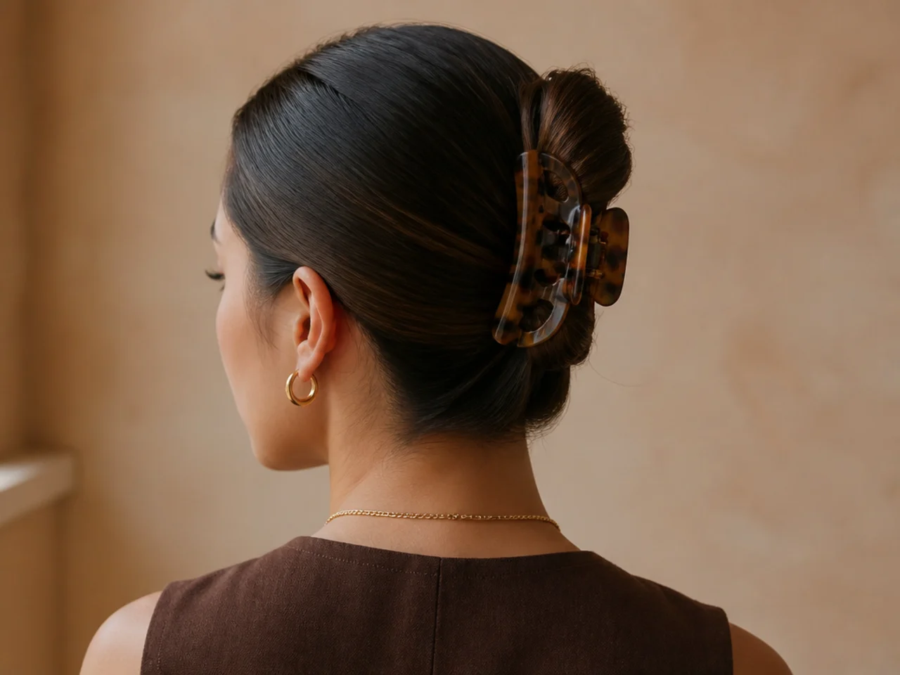 A sleek clip with hair tucked behind both ears