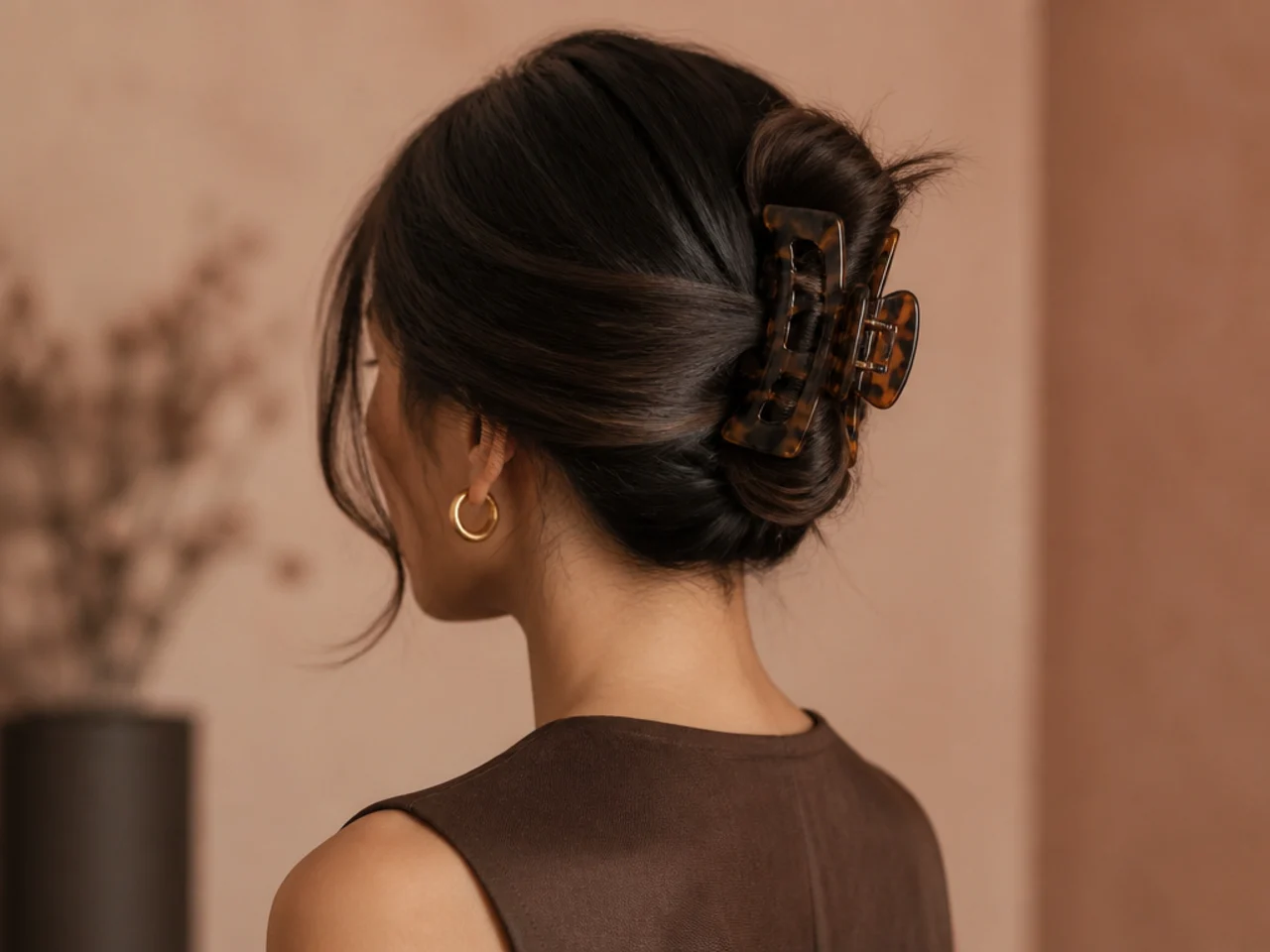 Three-quarter view of a finished sleek claw clip style