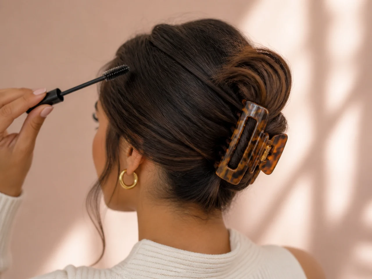 A mascara wand laying flyaways along the hairline