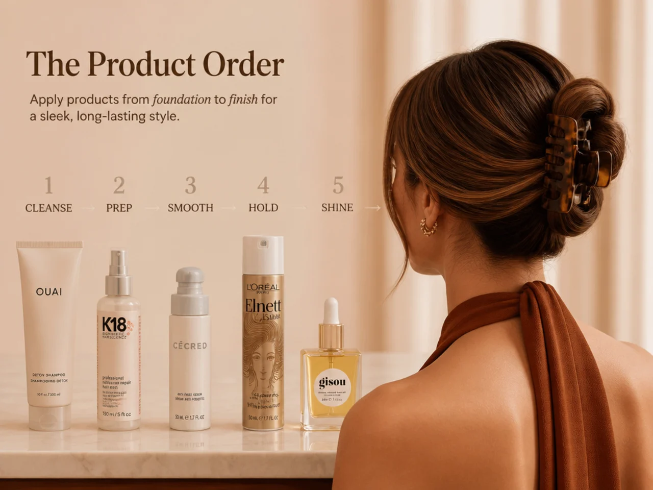 Products laid out in application order for a sleek style