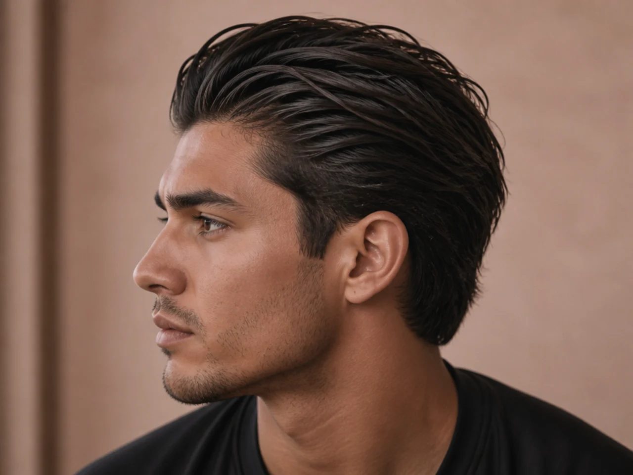 Boy with a textured slick back with visible movement and matte finish