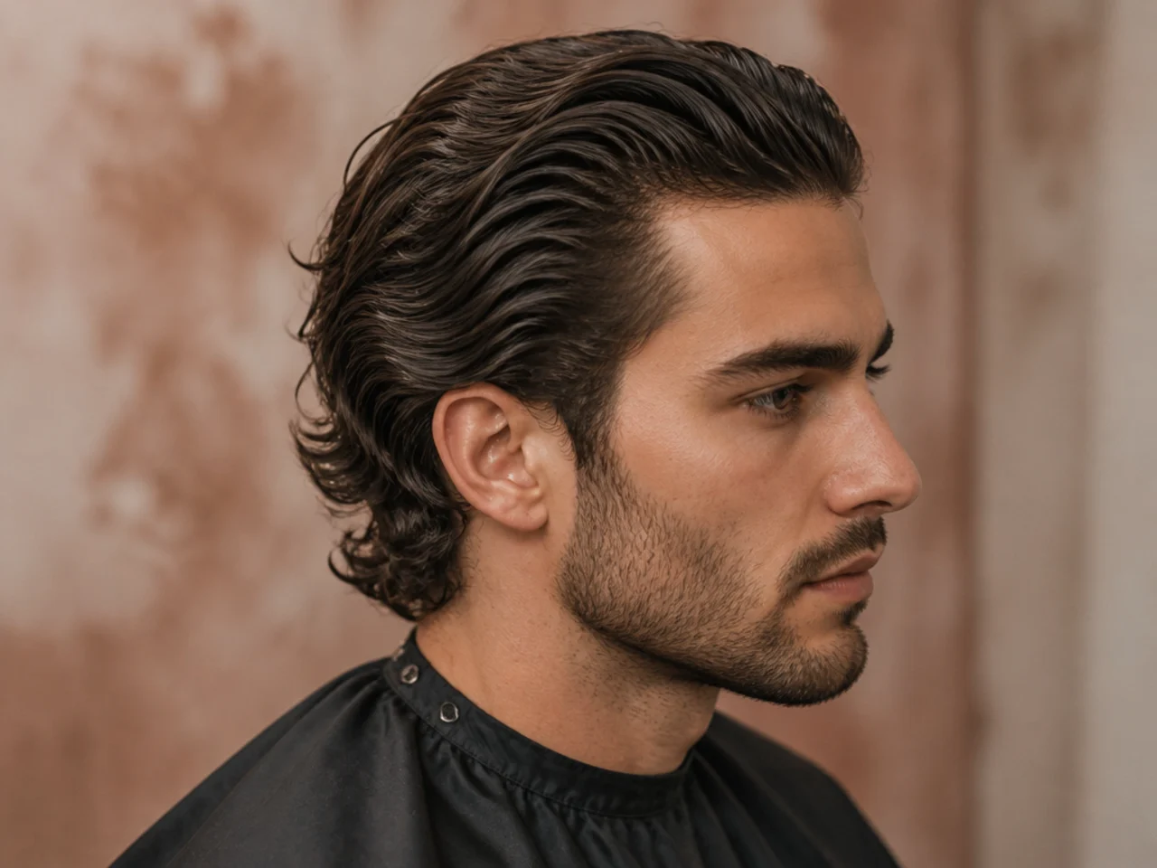 Boy with wavy hair styled into a slick back with natural wave pattern preserved