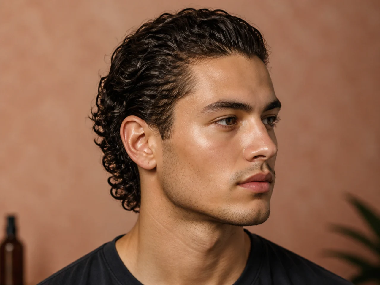 Boy with type 3 curls styled into a defined slick back direction over a taper fade