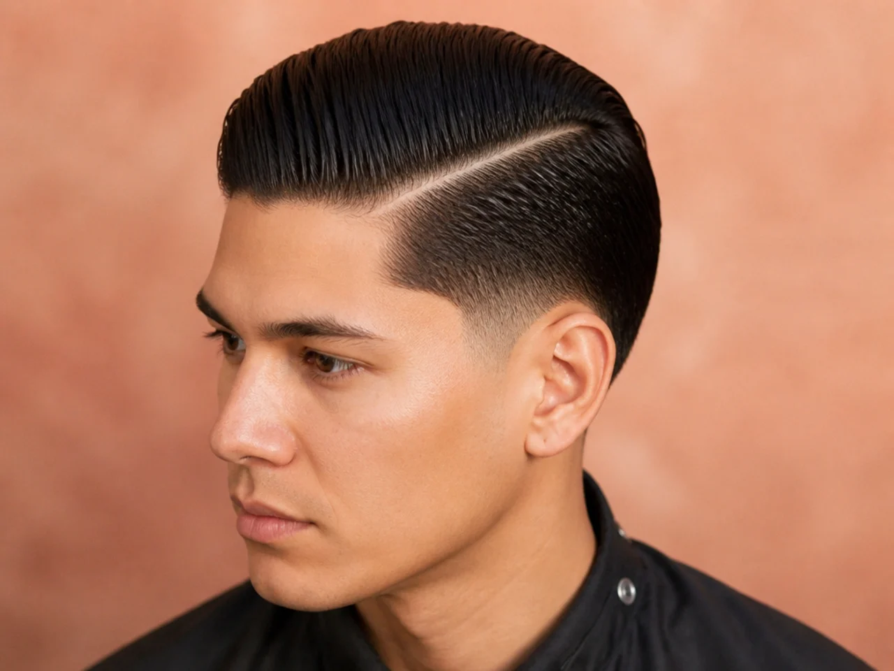 Boy with a slick back and a razor-cut hard part etched into the natural side