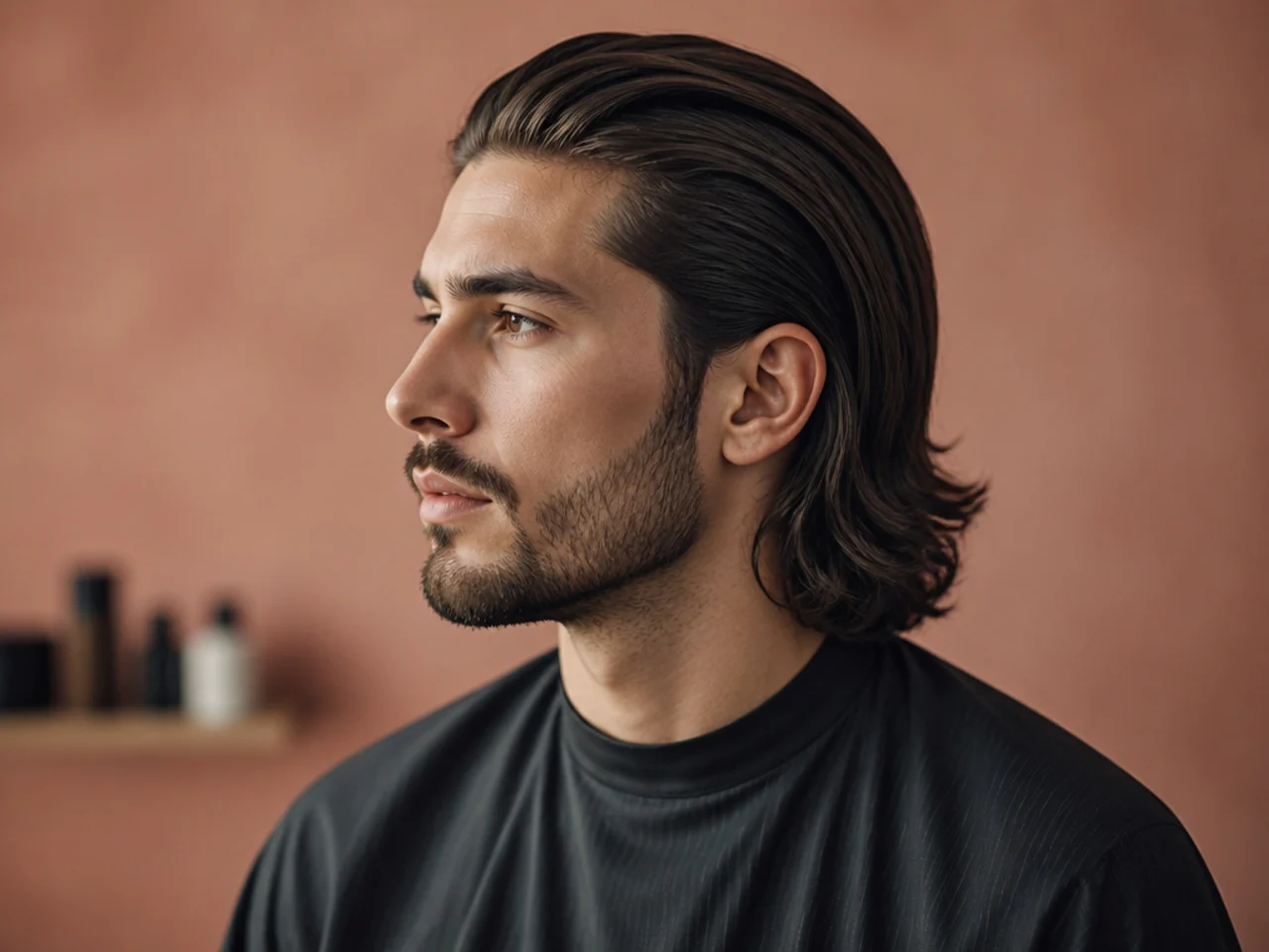 Older boy aged 14 with a long slick back with hair reaching past the nape