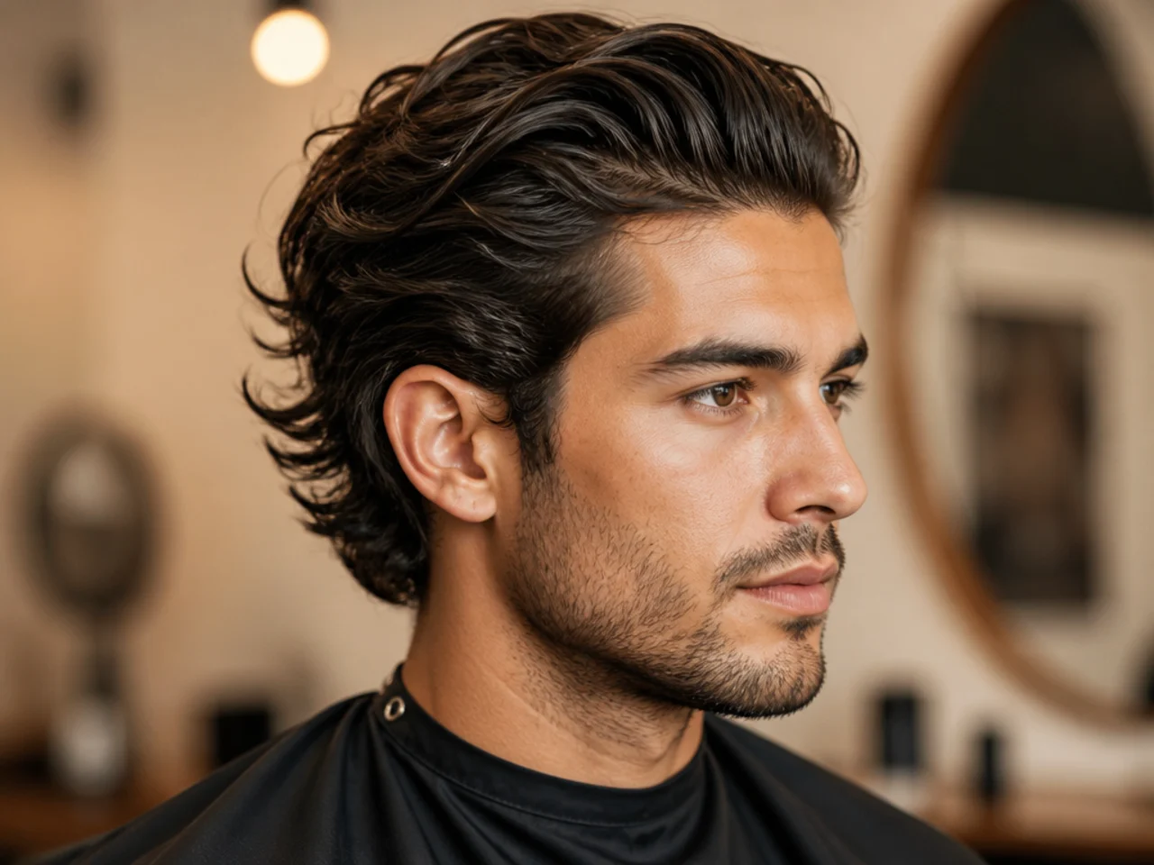 Boy with a messy slick back with volume up top and strands sitting in different directions