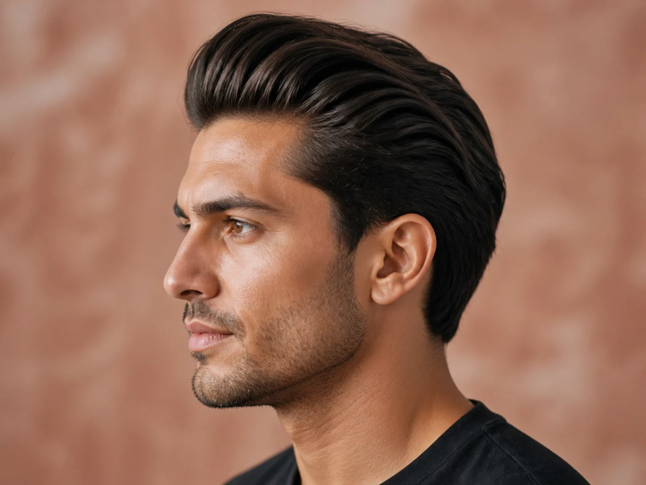 Boy with a voluminous slick back with visible height at the front before the pull-back