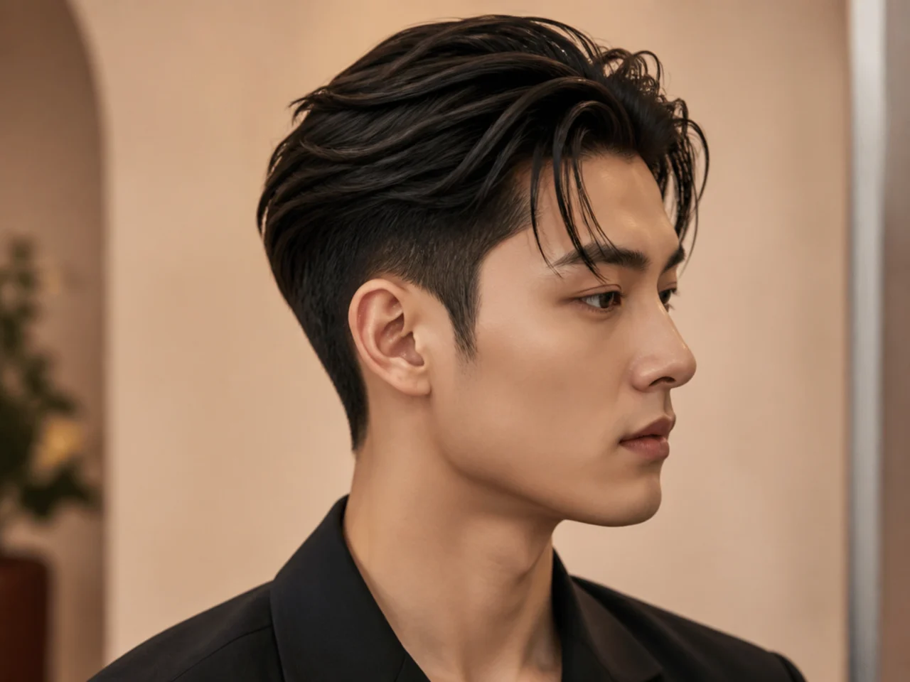 Korean boy with a K-pop-inspired two-block slick back with hidden clippered sides