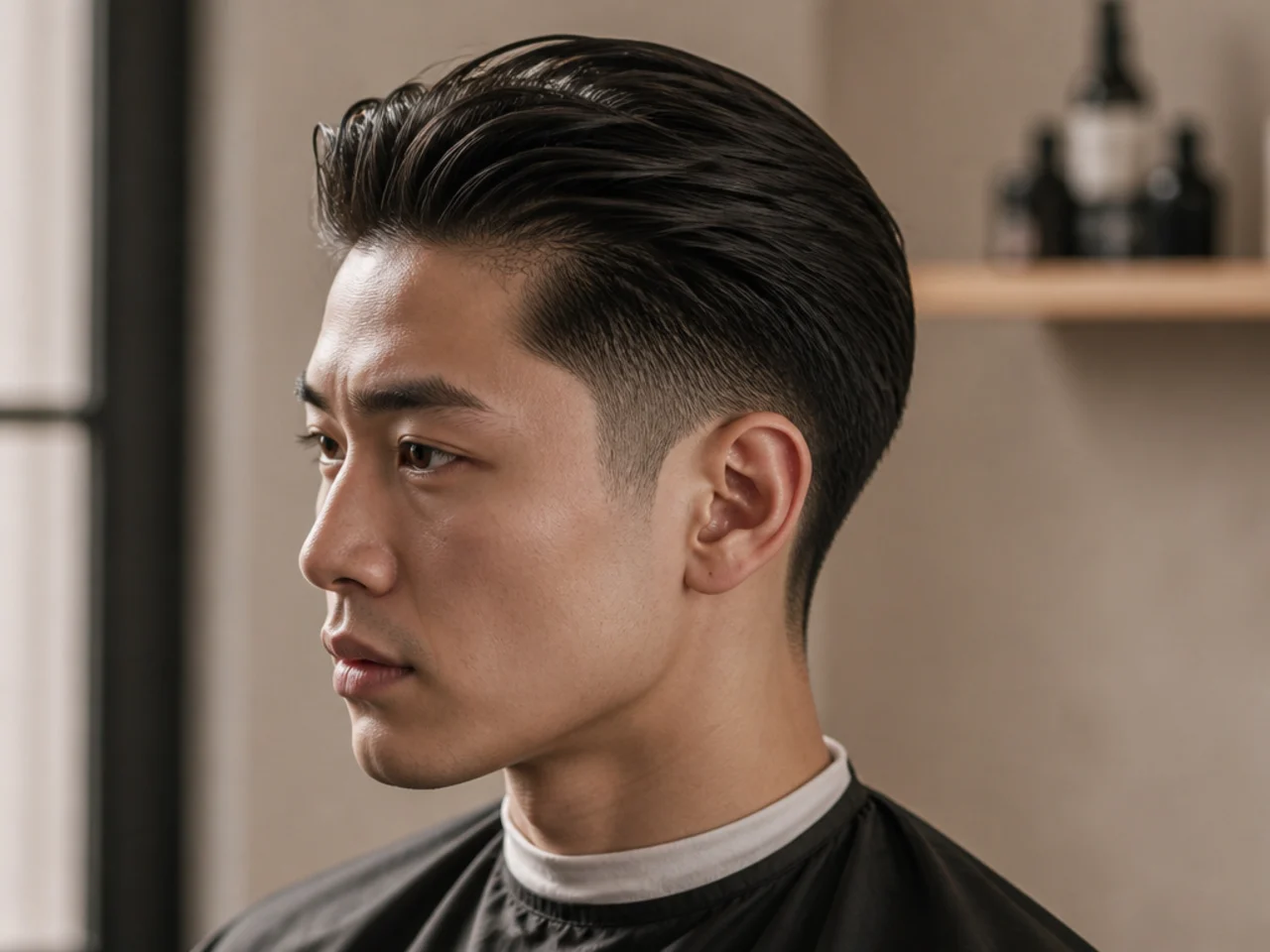 Young boy with a slick back paired with a soft low taper fade behind the ear