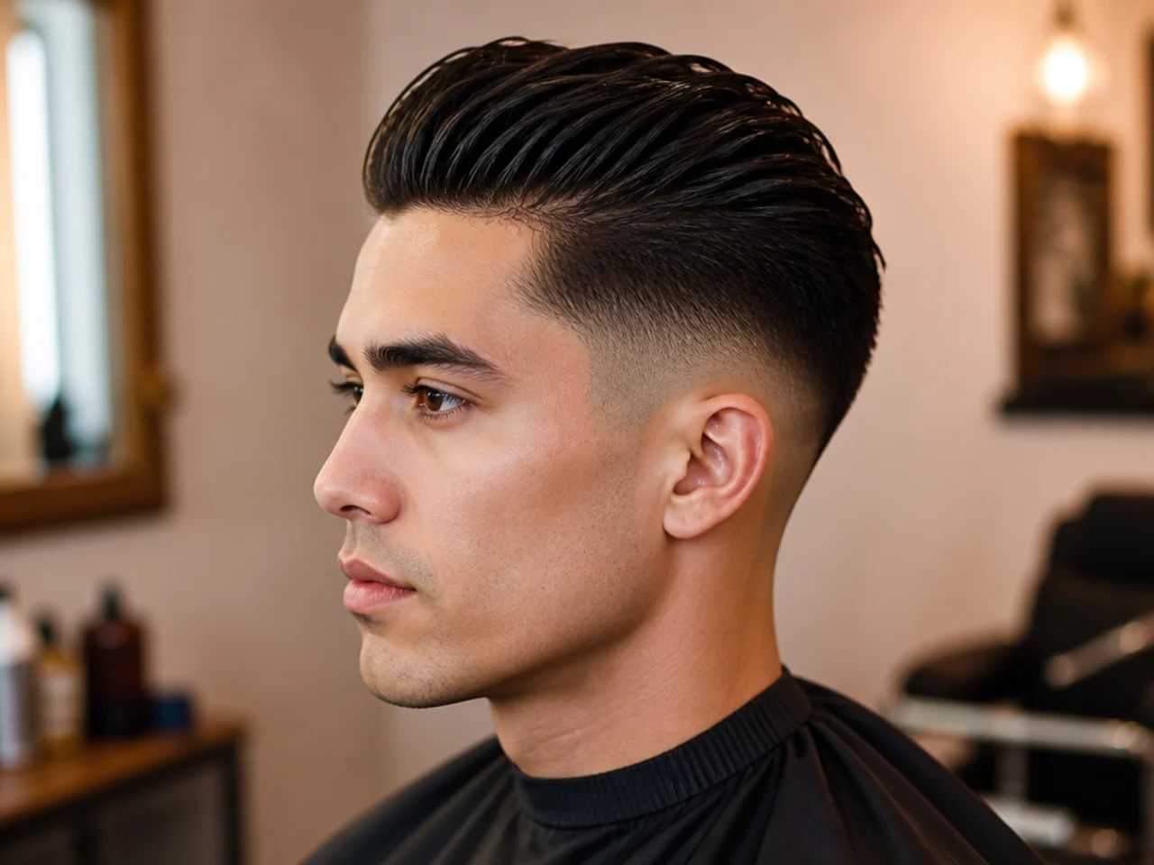 Young boy with a slick back paired with a clean low fade around the ear