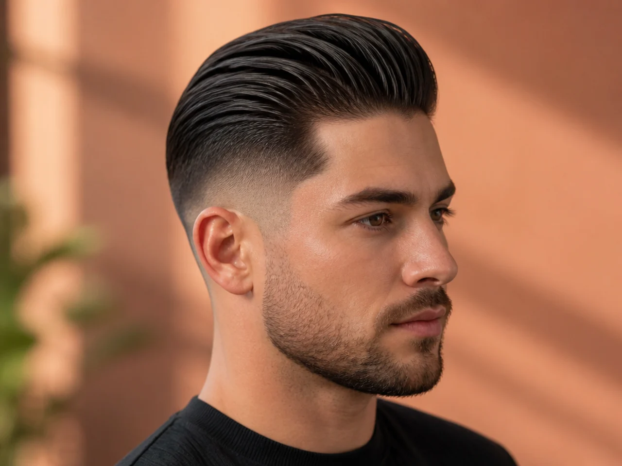 Young boy with a slick back paired with a clean mid fade jumping in at the temple