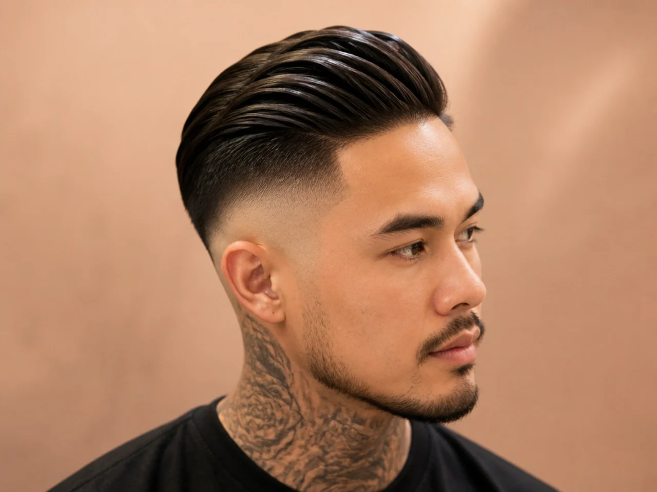 Older boy with a slick back paired with a high fade sitting at the parietal ridge
