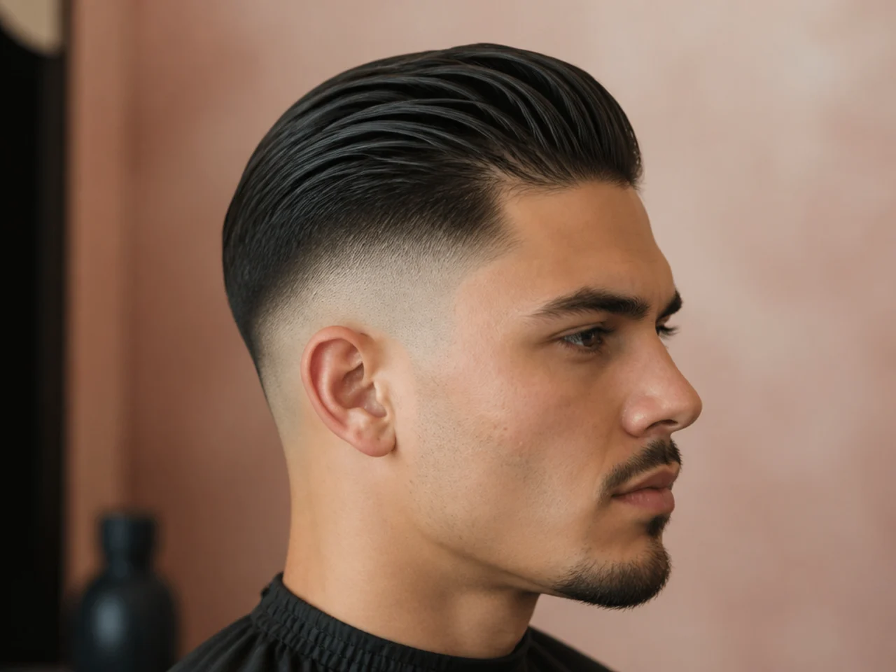 Older boy with a slick back paired with a clean skin fade blending to bare skin at the ear