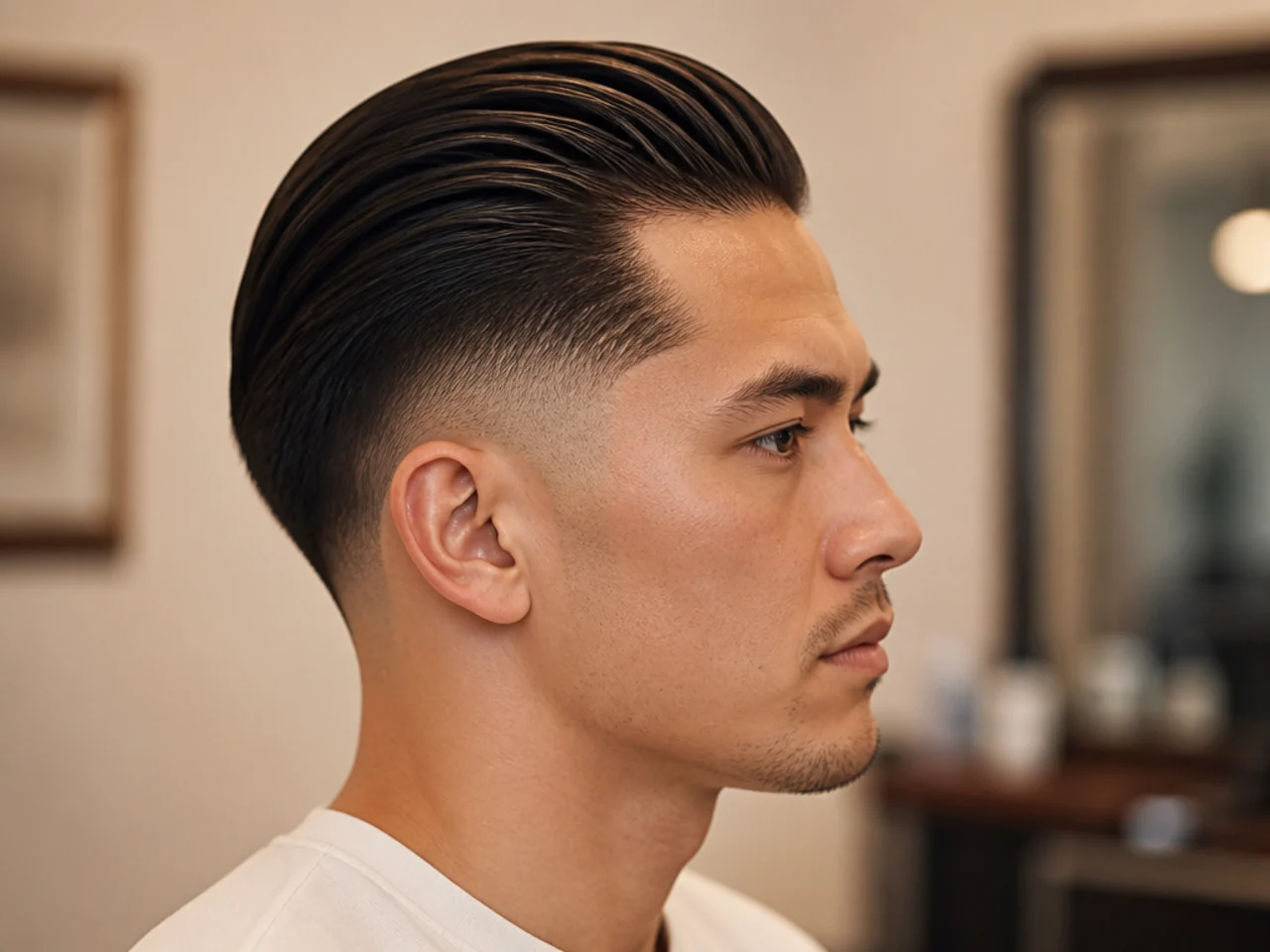 Boy with a slick back paired with a burst fade arcing around the ear