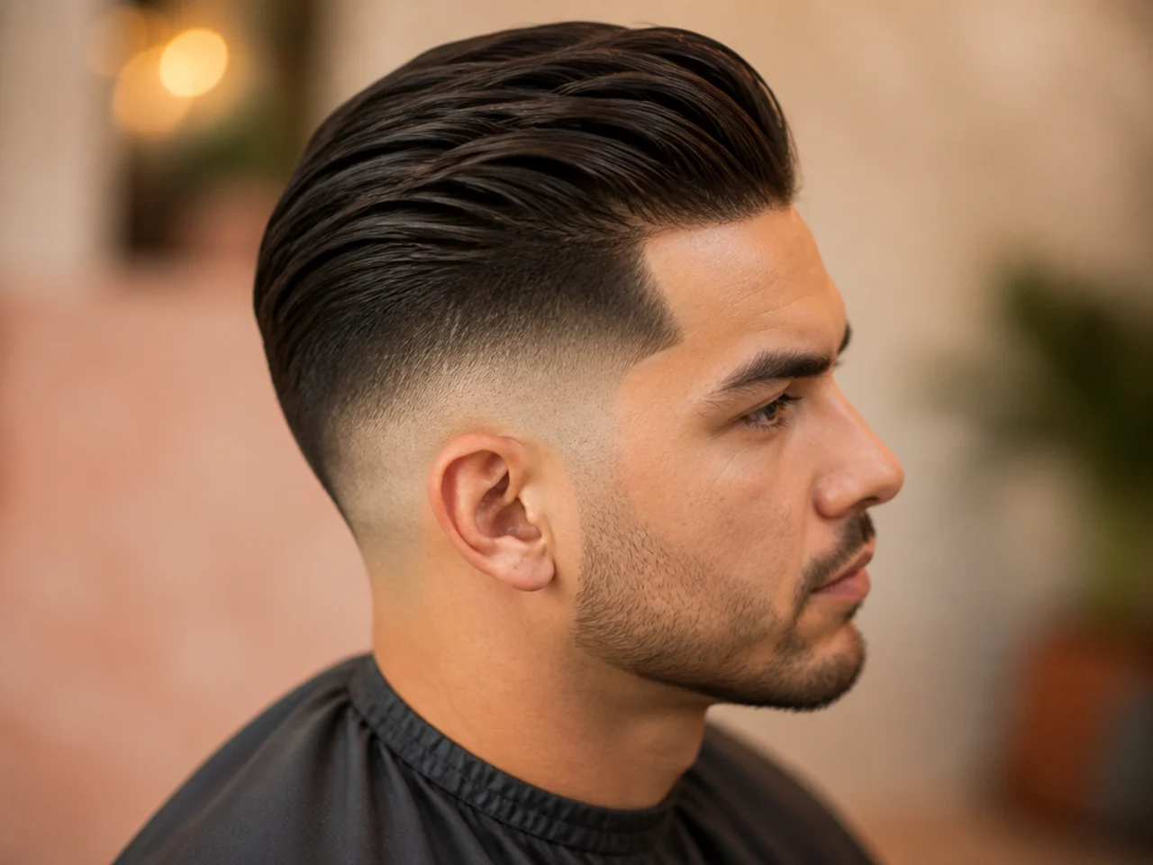 Boy with a slick back paired with a drop fade curving behind the ear