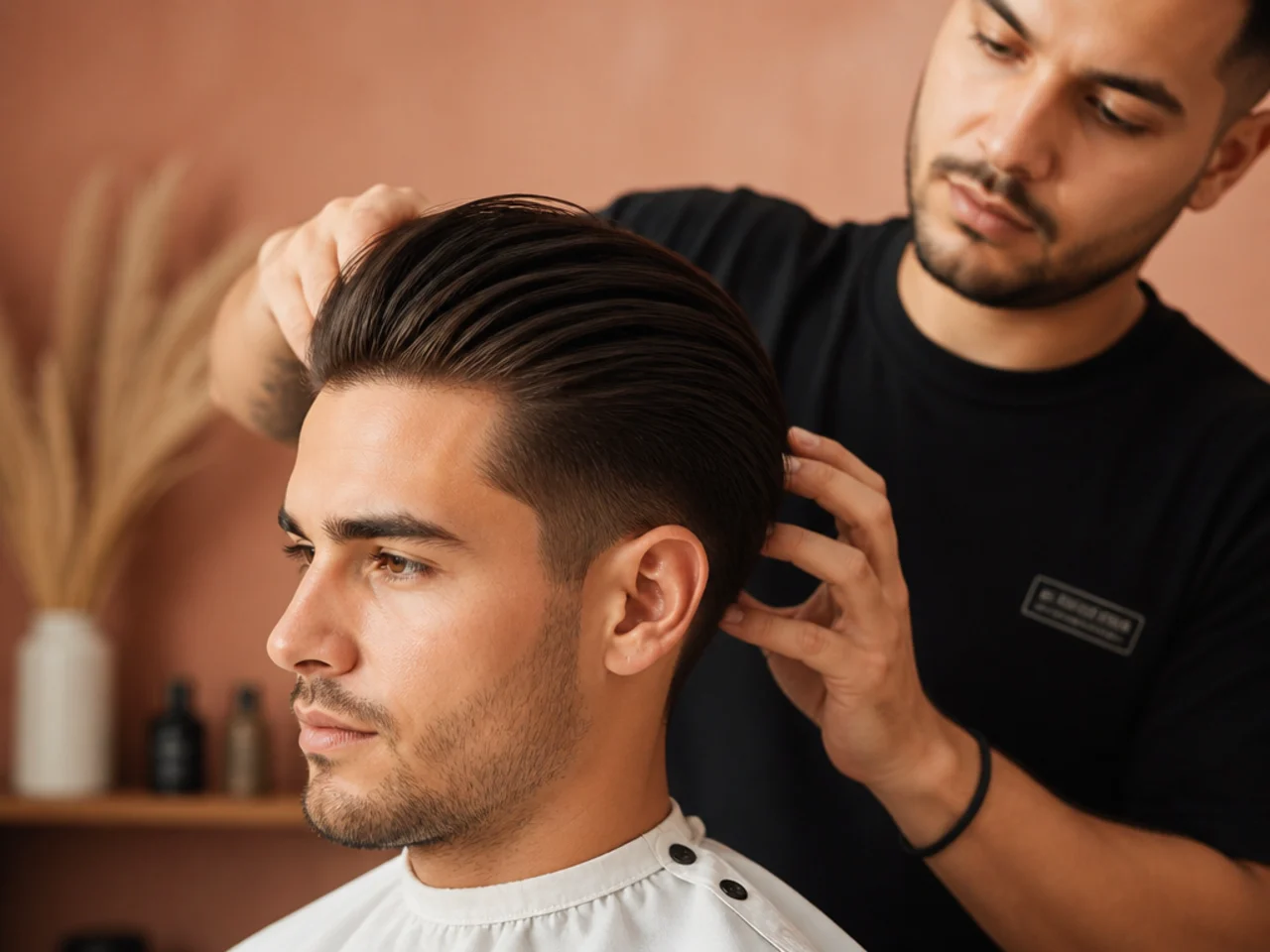 Slick back styling products laid out on a bathroom counter for a young boy