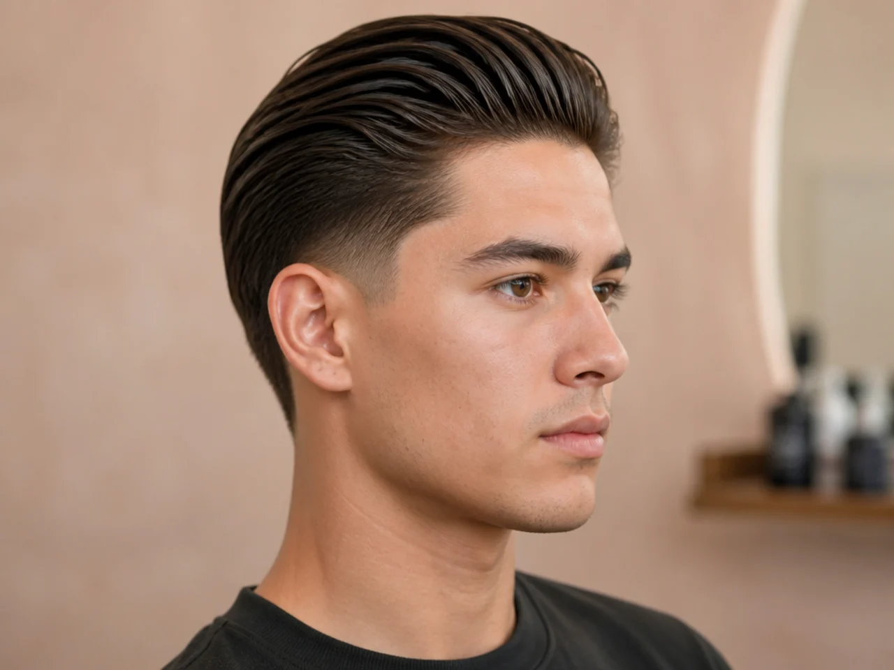 Young boy aged 10 with a clean slick back haircut and low taper fade at the sides