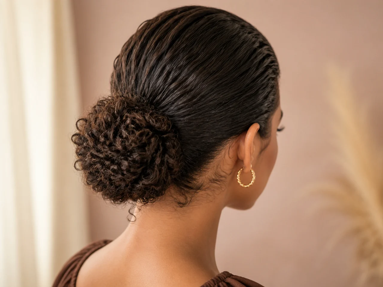 A slick back bun on curly hair