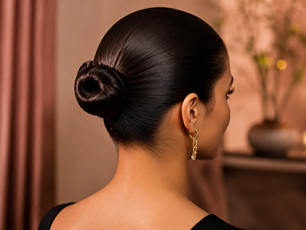 A high-shine slick back bun for an evening