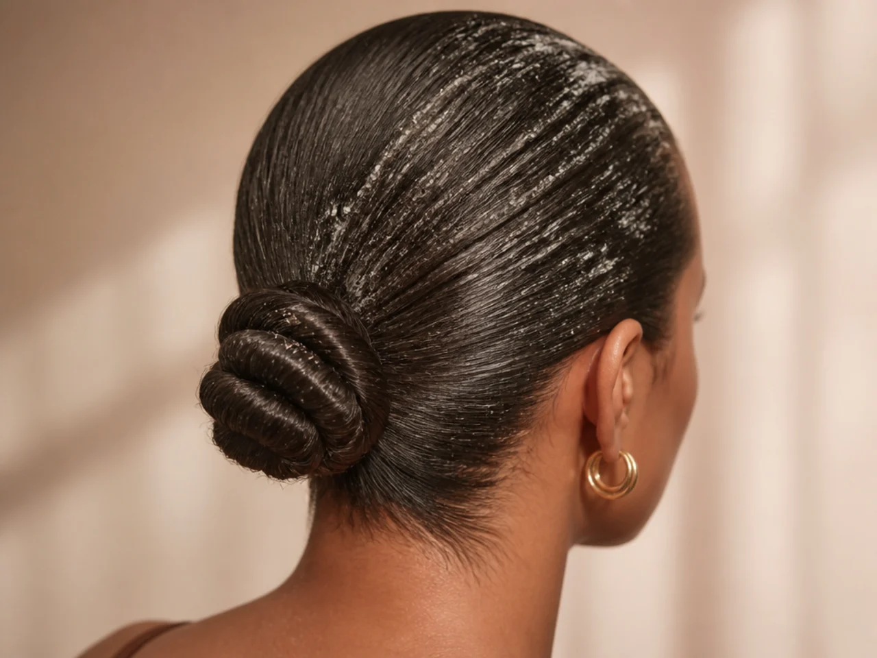 A slicked bun with flaking product along the length