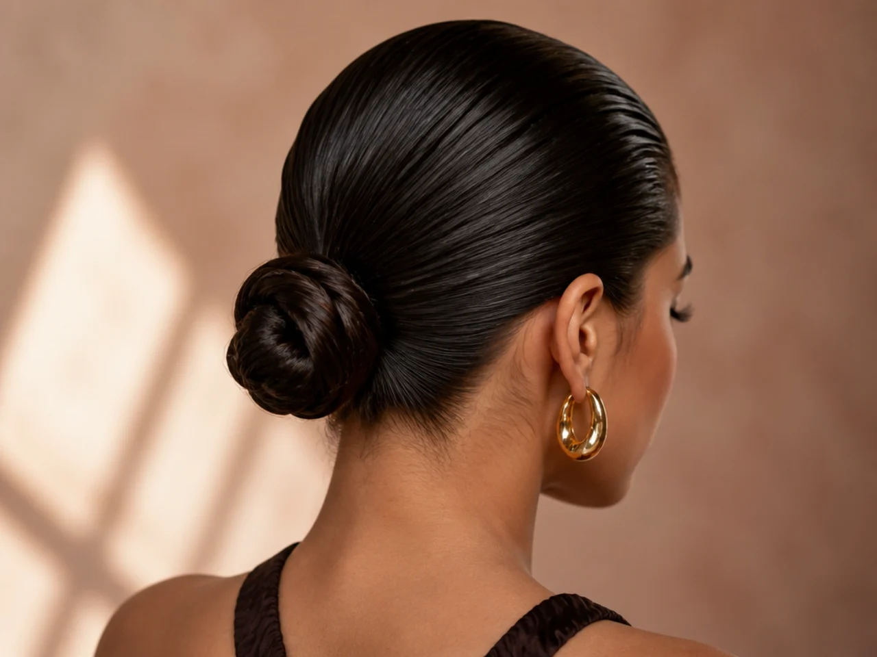 A wet-look slicked bun