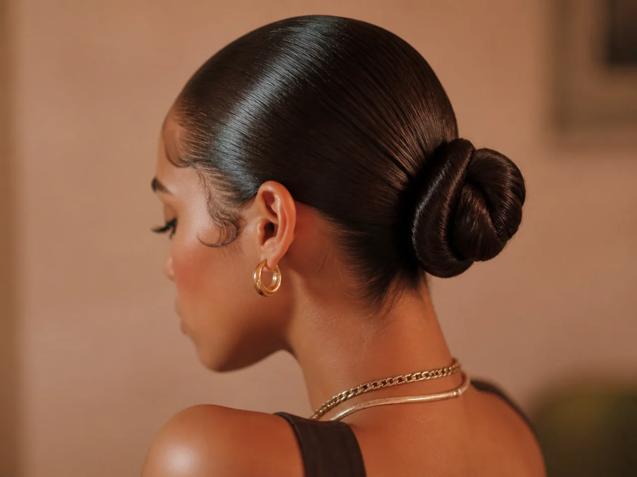A slick back bun with laid edges