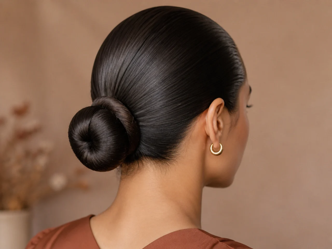A slick back bun with a wrapped base