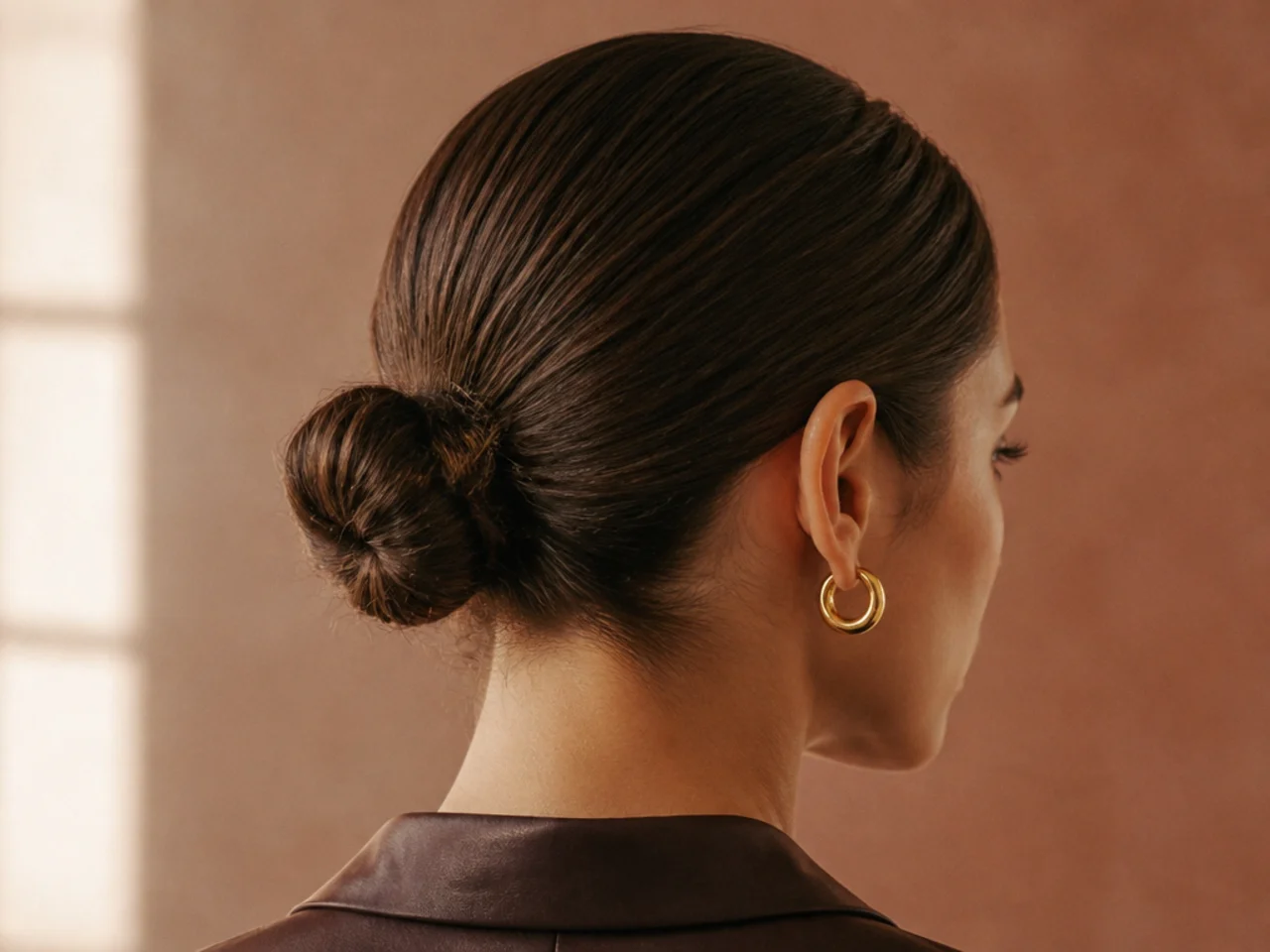A slick back bun on bob-length hair