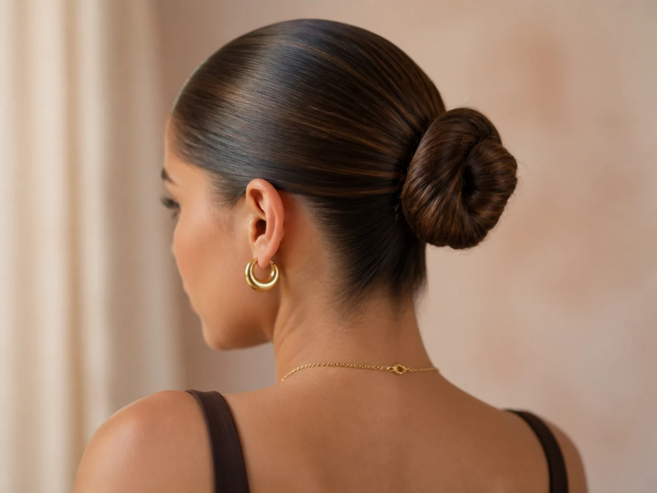 Three-quarter view of a finished slick back bun