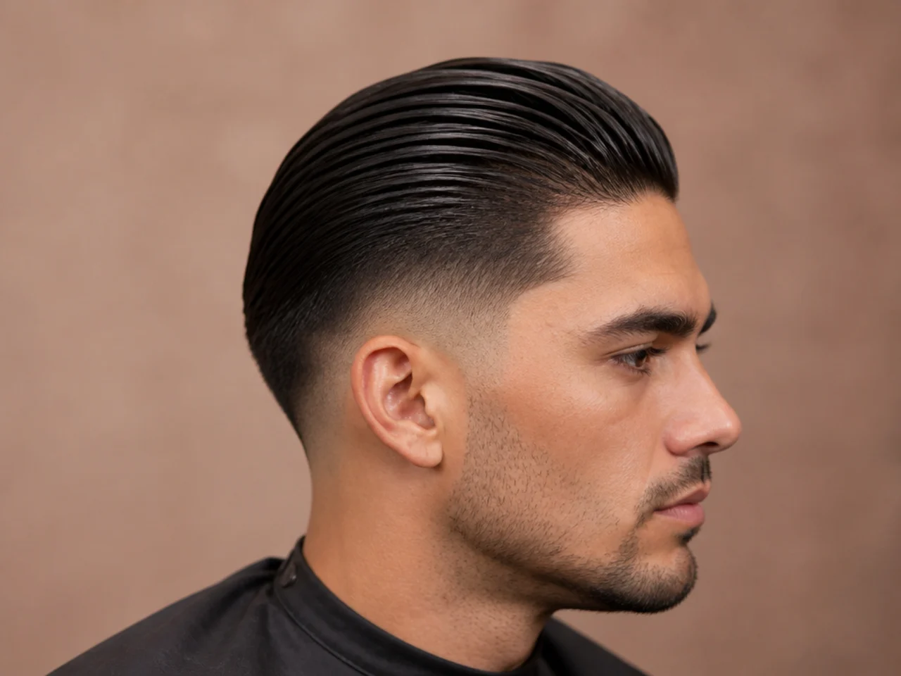 Wet-look slick back fade with maximum shine on a formal black-tie subject