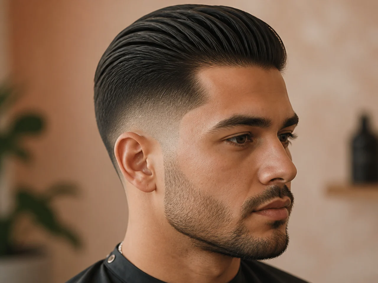 Matte modern slick back fade with textured no-shine finish and low fade