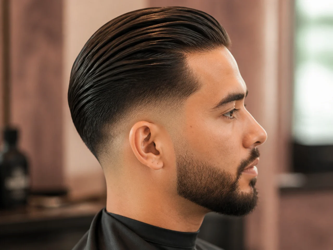 Long slick back with subtle low fade and natural flow on a wavy-haired subject