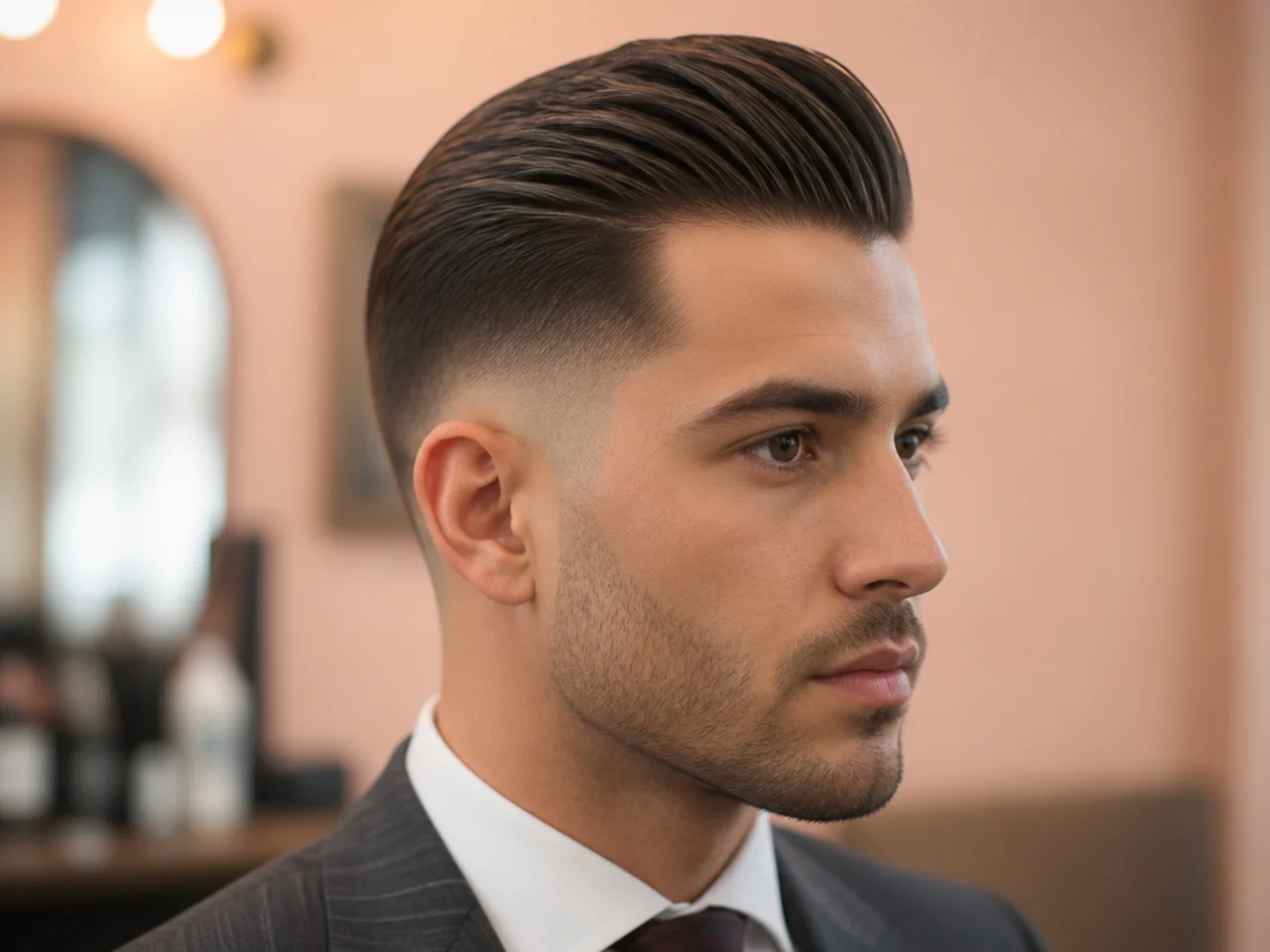 Short executive slick back taper fade with three-inch top and low taper