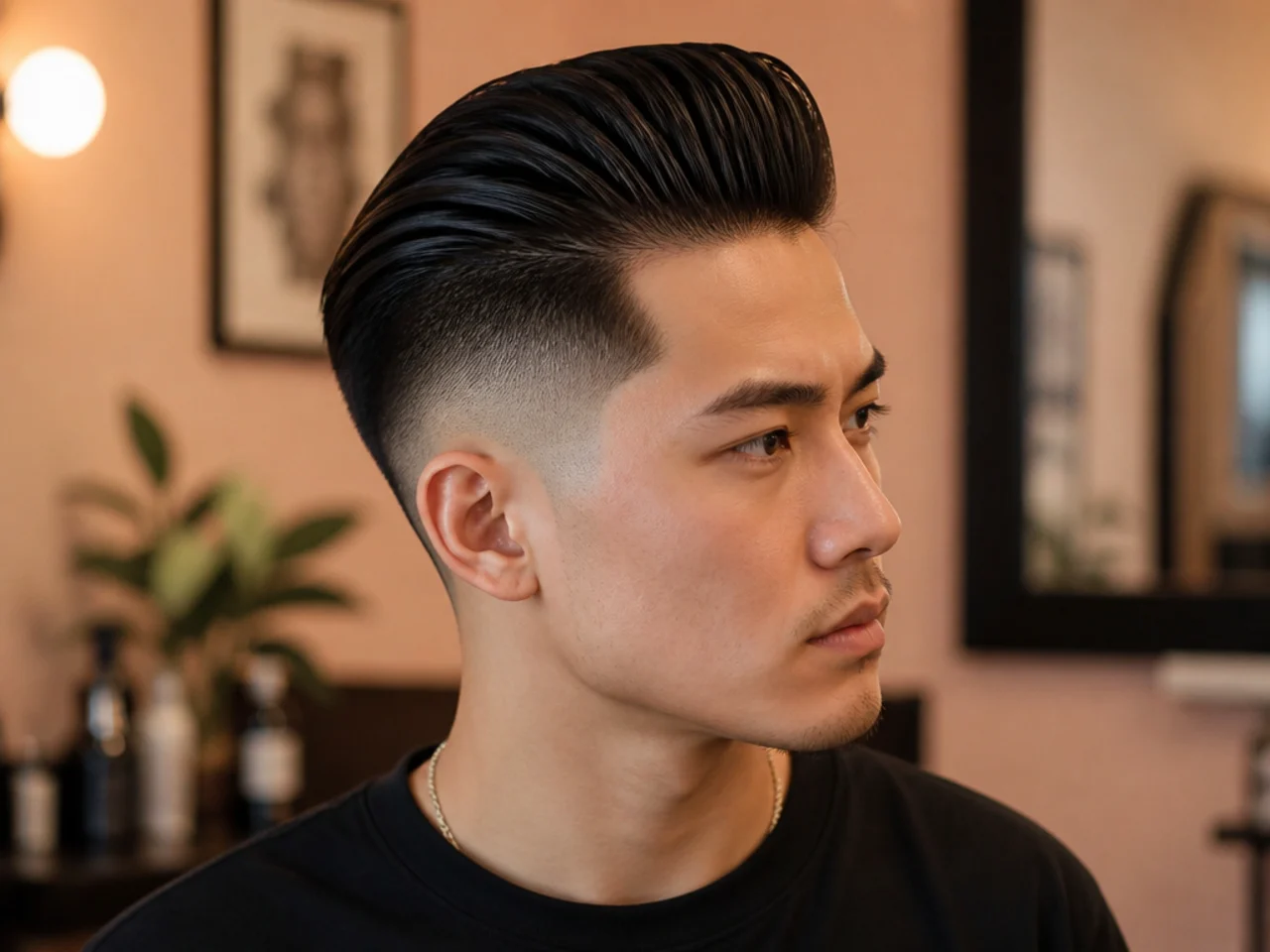Slick back pompadour with high fade — dramatic front volume over faded sides