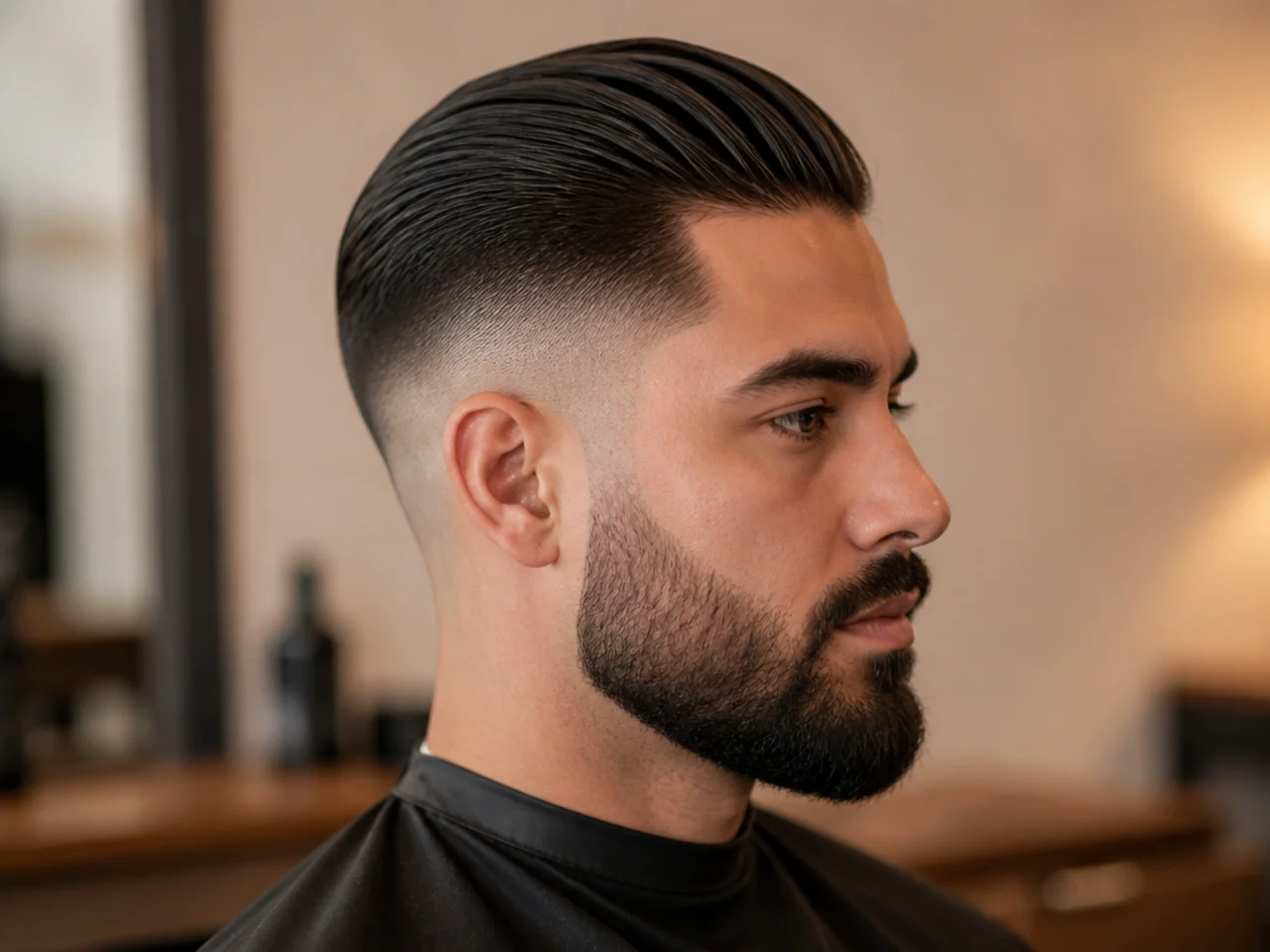 Slick back fade with beard blended into the fade line at the sideburn