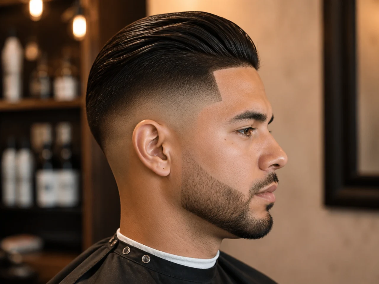 Slick back fade with razor line-up shaping the forehead and temples