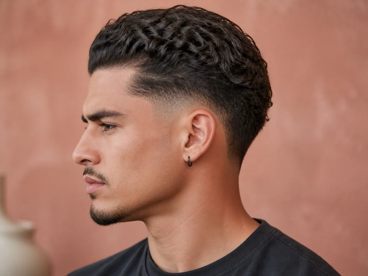 Curly slick back with mid taper fade and defined 3B pattern brushed back