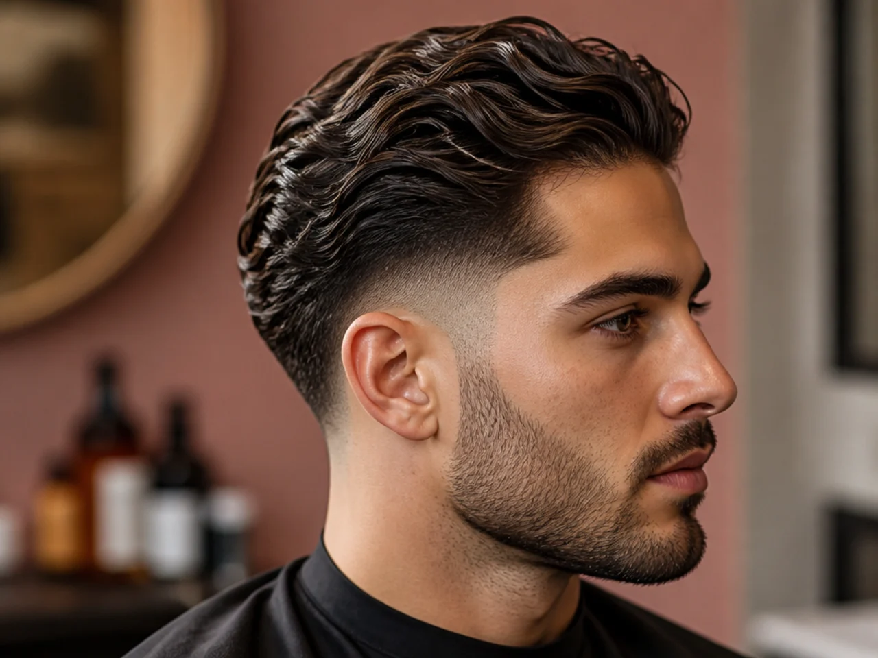 Wavy slick back with drop fade — natural S-wave pattern preserved over the curved fade