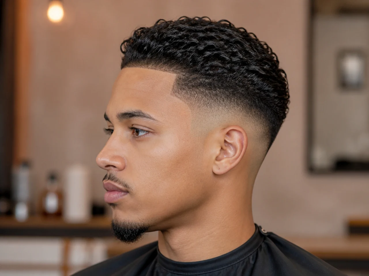 Coily slick back with high skin fade on 4A hair with defined pattern brushed backward