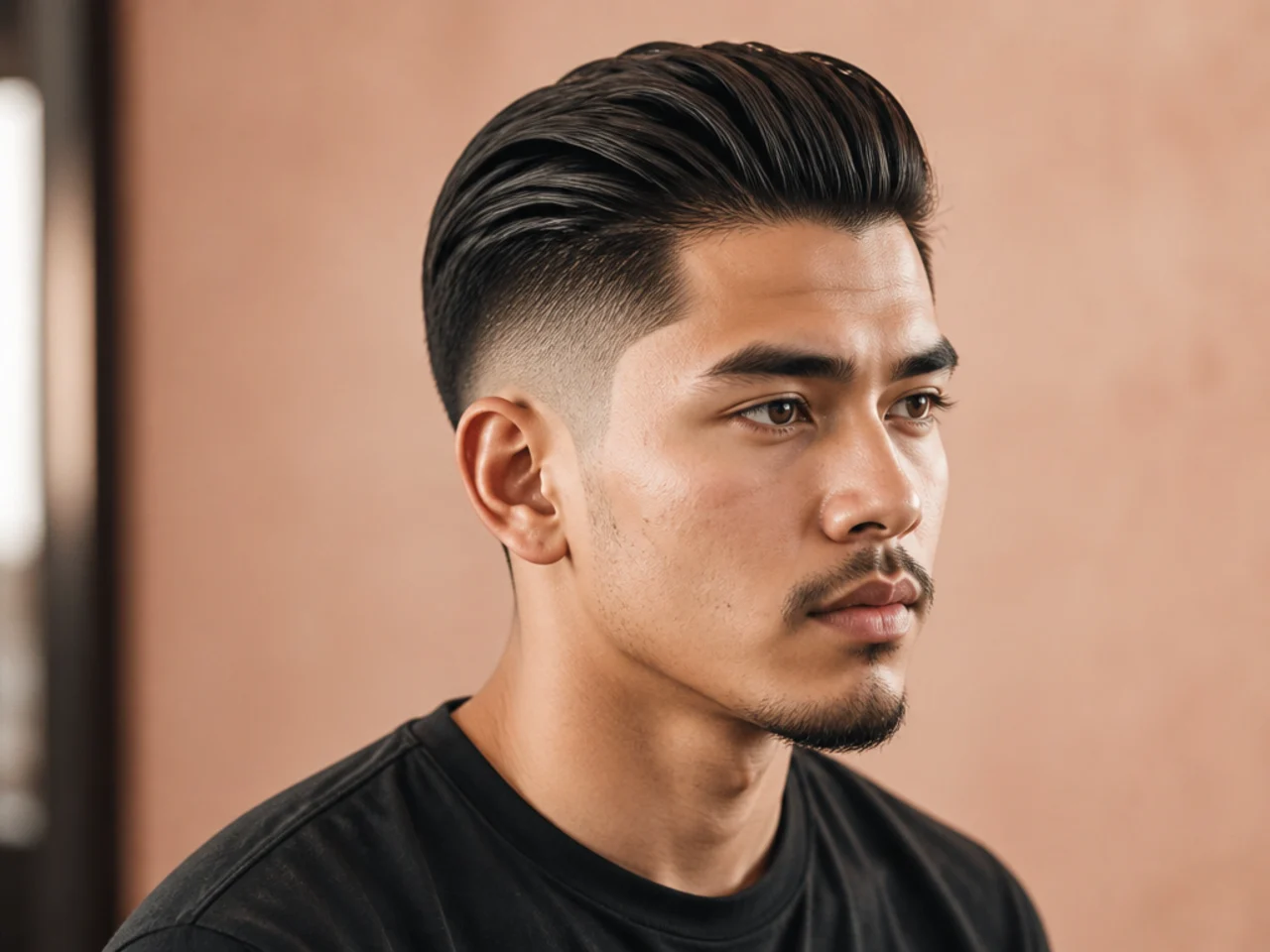 Slick back mid fade with balanced contrast at the temple line on straight hair