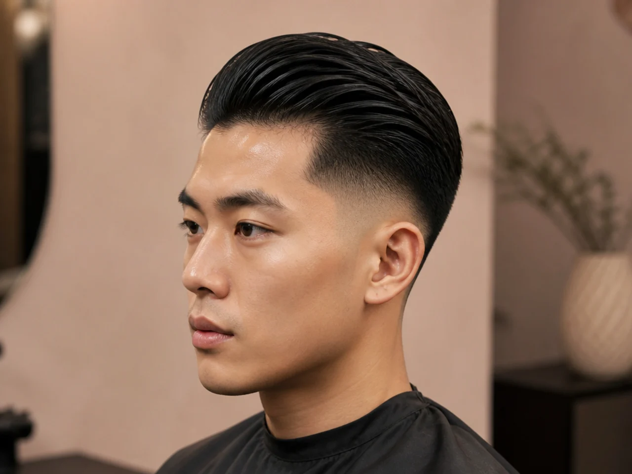Straight Asian slick back with mid fade on dense poker-straight hair
