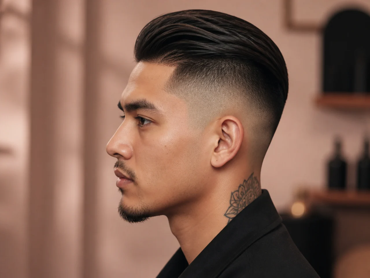 Slick back high fade with dramatic contrast near the parietal ridge on thick hair