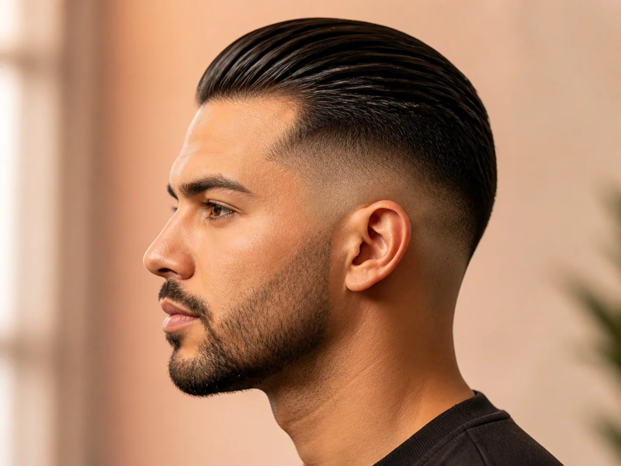 Slick back skin fade with bare scalp at the temple and defined combed-back top