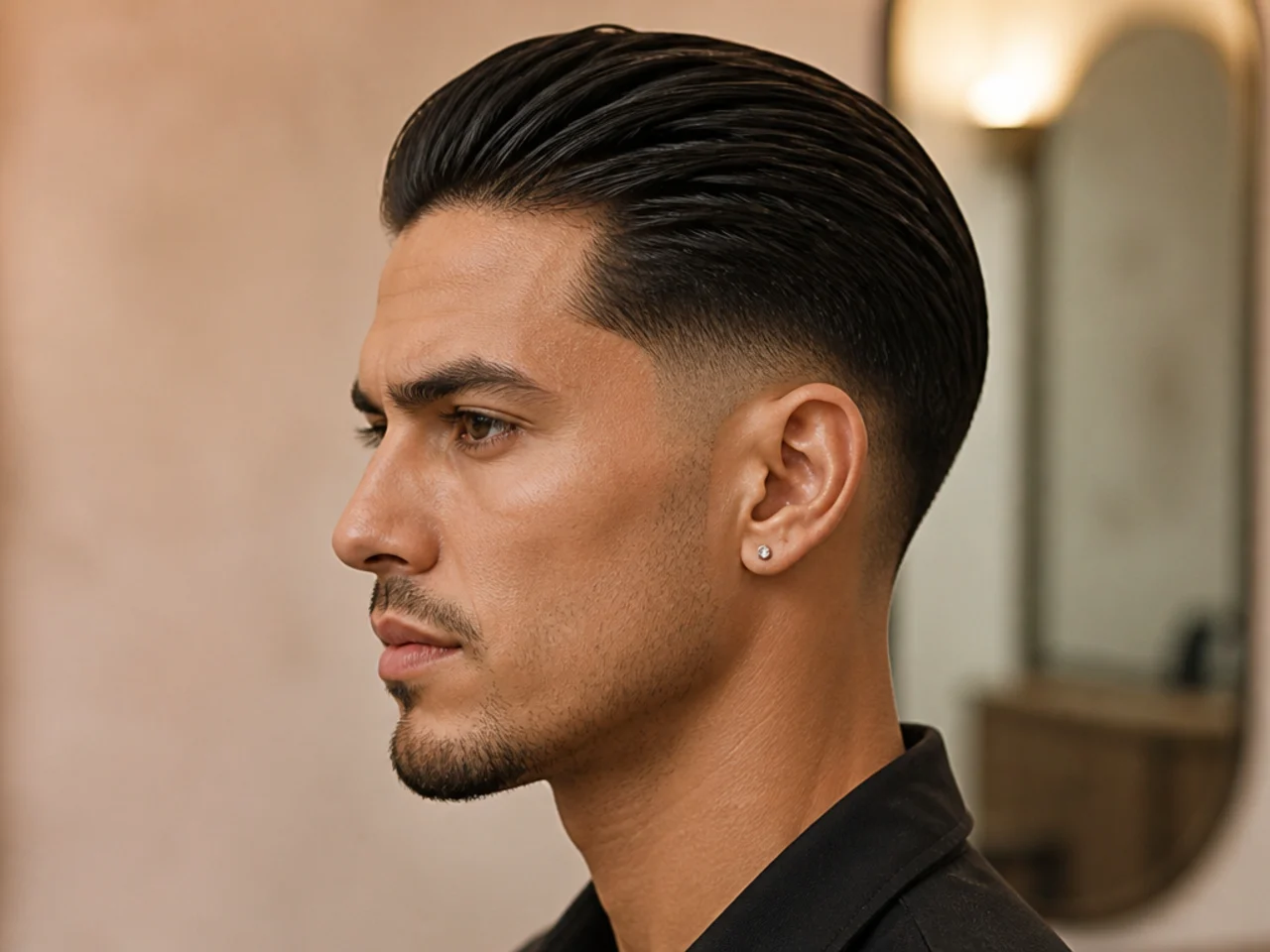 Slick back low taper fade with clean neckline and scissor-blended sides on a business-professional cut