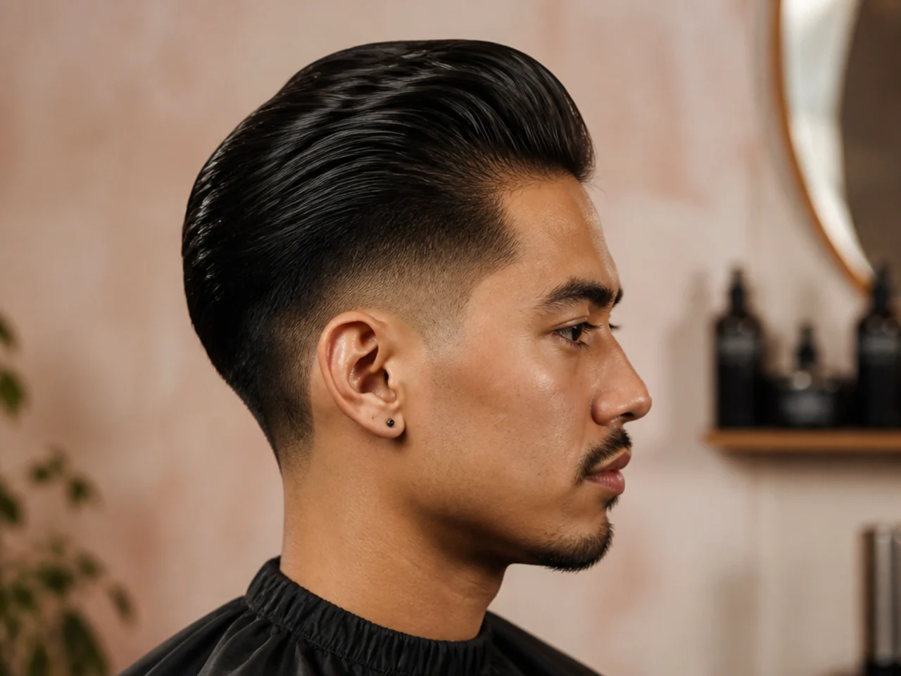 Slick back drop fade with the fade line curving down behind the ear
