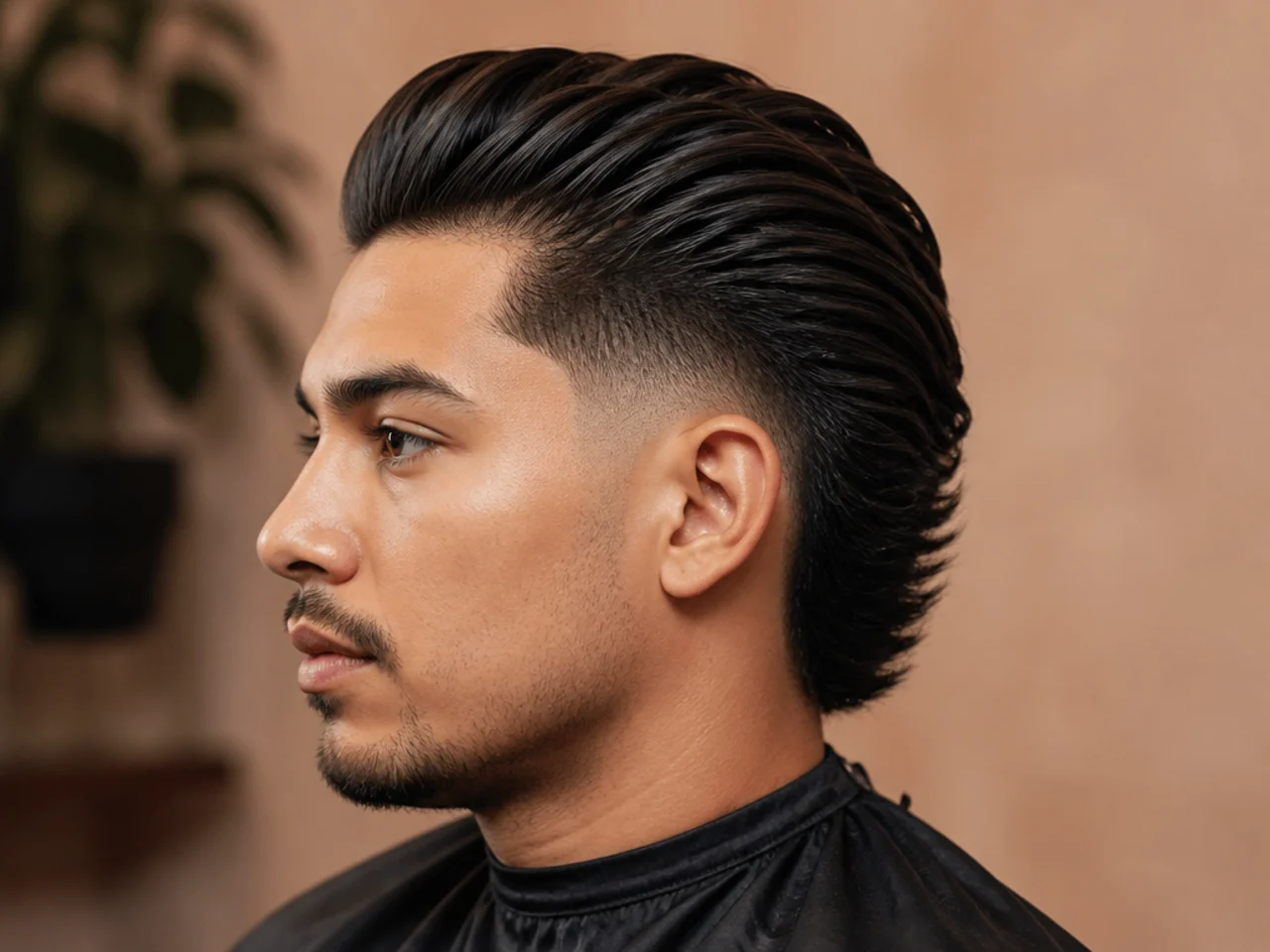 Slick back burst fade with the fade arcing in a semicircle around the ear
