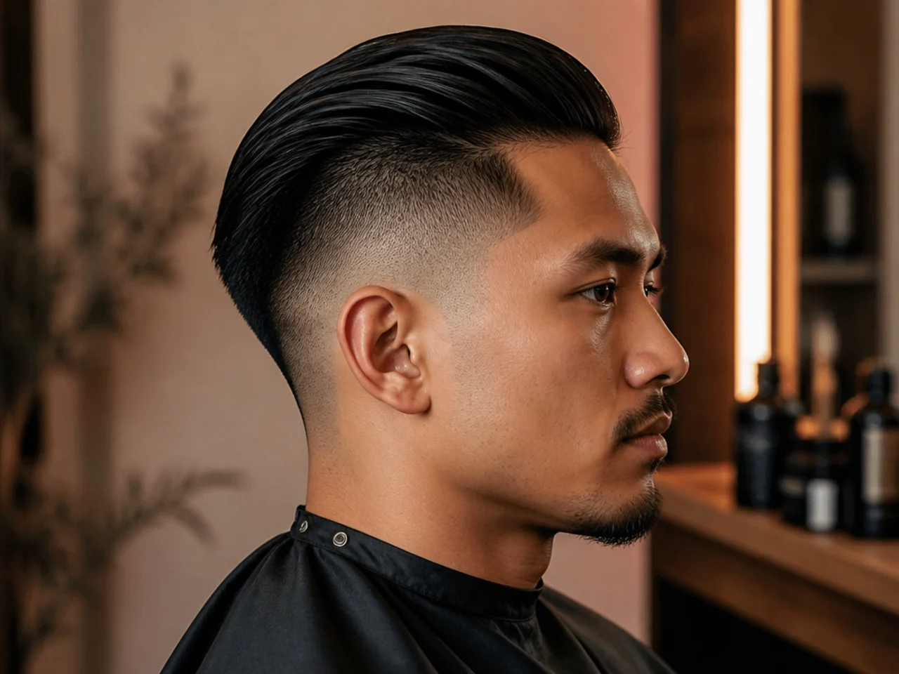 Slick back undercut fade with disconnected top and low fade at the base