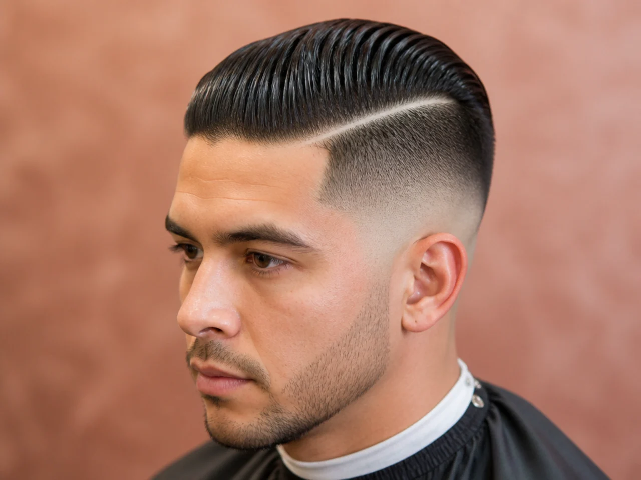 Hard-part skin fade slick back with a razor-drawn line running through the fade